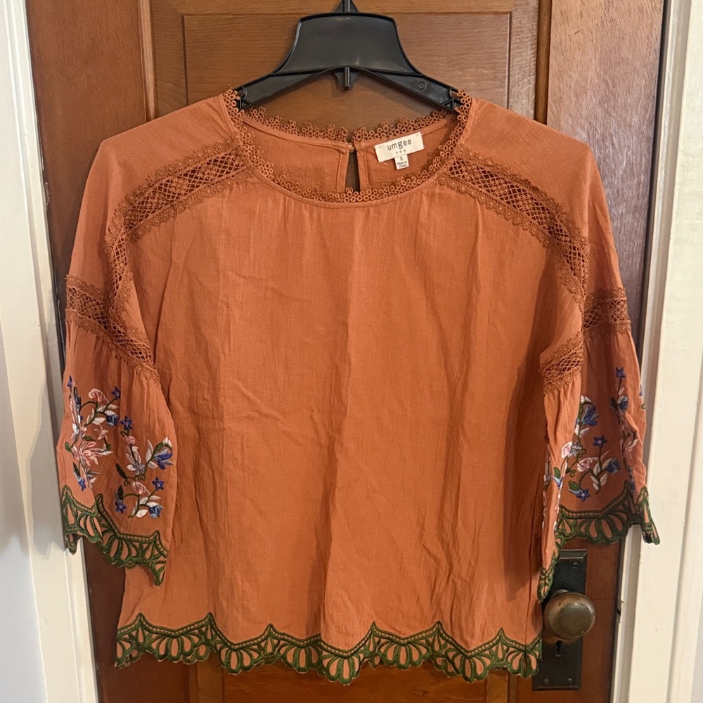 Terracotta and Lace Embroidered Blouse